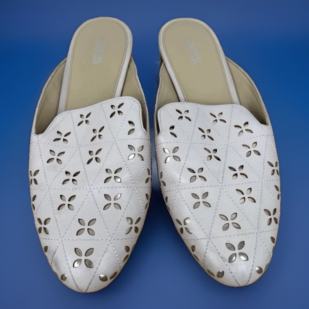 Michael Kors Women's Cady 10M Perforated Pink Leather Mules Business Casual